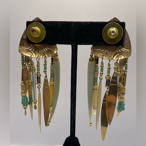 Vintage Signed Tabra Scarab Dentalium Gold Filled Dangle Earrings Pierced - Picture 11 of 12